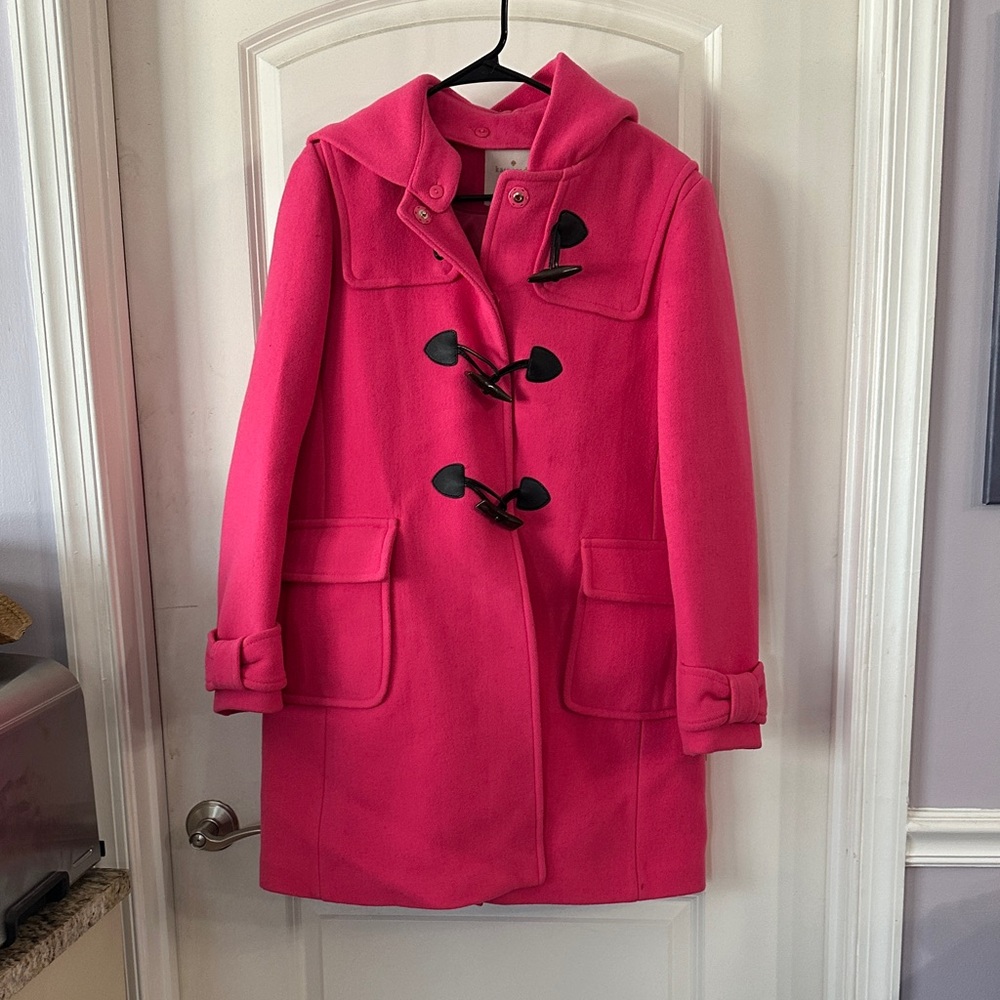 Kate Spade Vibrant Pink Pea Coat with Black Toggles Size Large